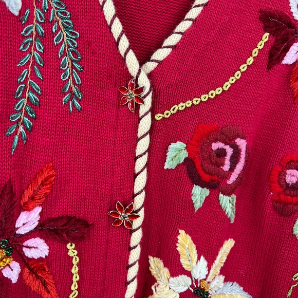 Vintage Storybrook Knits Long Sweater Cardigan Embroidered Poinsettia Large - Picture 6 of 10